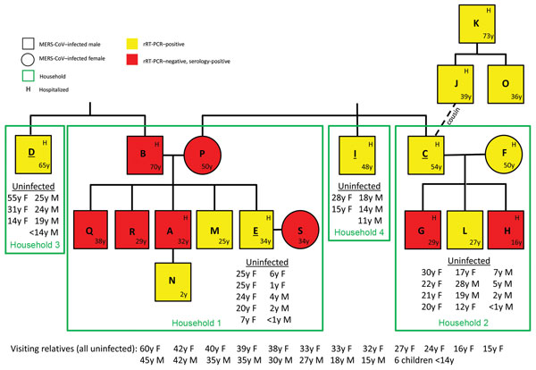 Family relationships and household distribution of persons infected with MERS-CoV, Al-Qouz, Saudi Arabia, 2014. Black lines denote standard family tree relationships. Patients are lettered in order of symptom onset or, if asymptomatic, by test date. Green boxes indicate households; all persons living in households 1–4 were tested, except for 2 adults living in household 4 (not shown). Index patient (person with earliest symptom onset diagnosed by rRT-PCR) in each household is underlined. Uninfec