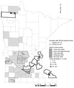 Thumbnail of Minnesota collection sites for waterfowl feces sampled for highly pathogenic avian influenza virus (HPAIV) in spring 2015 (N = 3,139). Although HPAIV was confirmed in a Nicollet County poultry facility on May 5, 2015, our sampling occurred during April 22–April 27, 2015, and we consider this a control area (control no. 2). WMA, wildlife management area; NWR, national wildlife refuge.