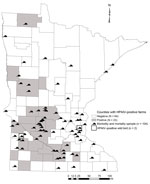 Thumbnail of Wild bird morbidity and mortality samples (n = 104) screened for highly pathogenic avian influenza virus (HPAIV) in Minnesota through June 4, 2015. A HPAIV-positive Cooper’s hawk and black-capped chickadee were confirmed in Yellow Medicine County, April 29, 2015, and in Ramsey County, on July 7, 2015, respectively.