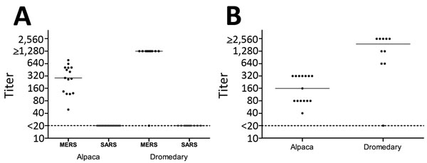 <!-- Q3 -->Column scatterplots of MERS-CoV reactivity of serum samples from alpaca (n = 15) and dromedaries (n = 10) in the Al Shahaniya region of Qatar, April 2015. A) Plot of alpaca and dromedary serum titers of antibodies specific for S1 antigens of 2 coronaviruses as determined by protein microarray. Titers were defined as the interpolated serum concentration that provoked a response half-way on a concentration-response curve between the minimum and maximum signal and were calculated from th