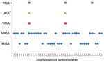 Thumbnail of Distribution of various resistance types of Staphylococcus aureus isolates collected in eastern India, 2013–2015. LRSA, linezolid-resistant S. aureus; MRSA, methicillin-resistant S. aureus; MSSA, methicillin-sensitive S .aureus; TRSA, tigecycline-resistant S. aureus; VRSA, vancomycin-resistant S. aureus.