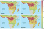 Thumbnail of Seasonal spatiotemporal dynamics of Ebola virus spillover intensity (i.e., average density or expected number of points per unit area and month) as percentile values ranking predicted intensities at all grid cell locations within the region of Africa where annual rainfall was &gt;500 mm for all months from January 1983 through December 2014. Panels capture shifts in the geographic pattern of spillover intensity seasonally. Dotted horizontal line marks the equator.