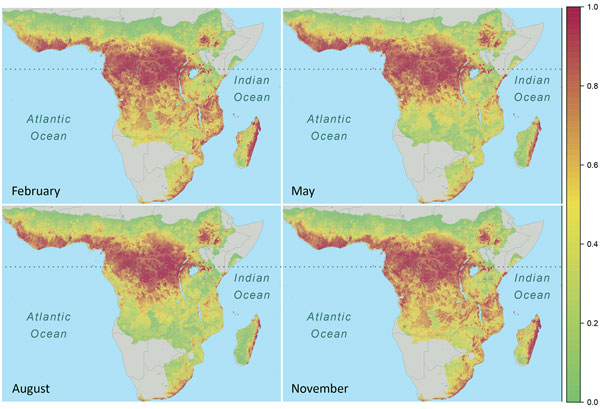 Seasonal spatiotemporal dynamics of Ebola virus spillover intensity (i.e., average density or expected number of points per unit area and month) as percentile values ranking predicted intensities at all grid cell locations within the region of Africa where annual rainfall was &gt;500 mm for all months from January 1983 through December 2014. Panels capture shifts in the geographic pattern of spillover intensity seasonally. Dotted horizontal line marks the equator.