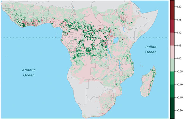 Change in annual Ebola spillover intensity (defined as average density or expected number of points per unit area and time), Africa, 1975–2015. Warm colors indicate increased spillover intensity; cool colors indicate decreased spillover intensity. Dotted horizontal line marks the equator.