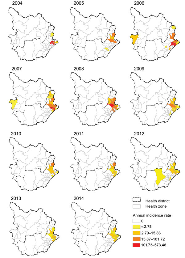 Yearly distribution of bubonic plague in Ituri and Haut-Uele districts, Orientale Province, Democratic Republic of the Congo, 2004–2014. The 2 eastern districts of Orientale Province (Ituri in the south and Haut-Uele in the north) were the only districts reporting bubonic plague during the study period. Highlands of Ituri had suspected cases every year. Incidence is per 100,000 population.