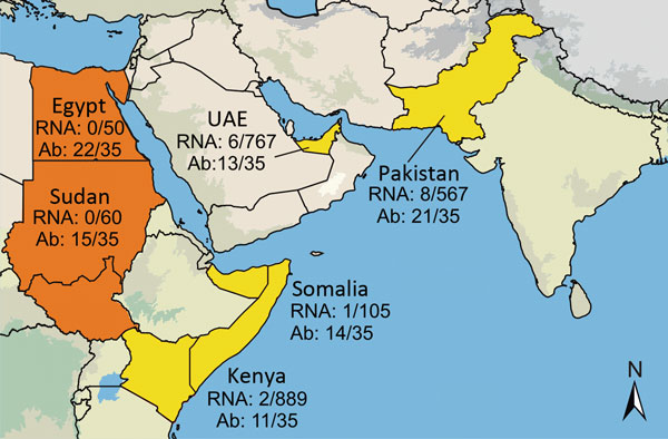 Six countries studied for hepatitis E virus (HEV) infection in dromedary camels, 1983–2015. Number of tested and number of HEV-7 RNA-positive samples or Ab-positive samples are given next to the study sites: Egypt, Sudan (today separated into Sudan and South Sudan), Kenya, Somalia, UAE, and Pakistan. Countries with both HEV-7 RNA and Ab detection are in red; countries with only Ab detection are in orange. Ab, antibody; UAE, United Arab Emirates; Map was created by using Quantum GIS (http://qgis.