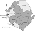 Thumbnail of Nine districts (dark gray shading) where community event–based surveillance for Ebola virus disease was operational, Sierra Leone, February 27–September 30, 2015.