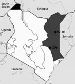 Thumbnail of Locations of the 2 hospitals in the Northeastern Province of Kenya (dark gray shading) where human brucellosis was diagnosed in febrile patients seeking treatment, Kenya, 2014–2015. The solid black area in northwestern Kenya represents disputed territory among Kenya, Ethiopia, and South Sudan. GPH, Garissa Provincial Hospital; WDH, Wajir District Hospital.