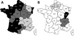 Thumbnail of Regional 10-year cumulative incidence rates of hemolytic uremic syndrome cases caused by enterohemorrhagic Escherichia coli serotypes O157:H7 and O80:H2, France, January 2005–October 2014. A) Serotype O157:H7. B) Serotype O80:H2. White, &lt;0.5 cases/100,000 children; light gray shading, 0.5–0.7 cases/100,000 children; medium gray shading, 0.8–0.9 cases/100,000 children; dark gray shading, 1–2 cases/100,000 children; black, &gt;2 cases/100,000 children.