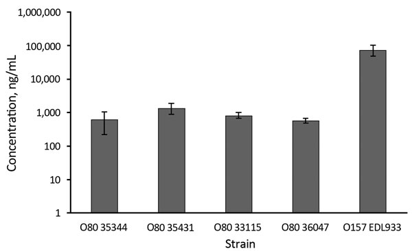 Mean concentrations (logarithmic scale) of Shiga toxin produced in the absence of antibiotics by selected strains of enterohemorrhagic Escherichia coli serotypes O80, France, January 2005–October 2014. O157 reference strain (EDL933) was used as control. Error bars indicated SDs.