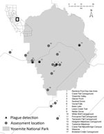 Thumbnail of Locations of plague transmission risk assessments in and around Yosemite National Park, California, USA, August–October 2015.