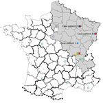Thumbnail of Geographic distribution of Seoul virus (SEOV) infections among human and rats, France 2016. Gray shading area indicates area of France to which Puumala virus is endemic. Open green circles indicate SEOV serologically confirmed human infections with SEOV reported by Ragnaud JM et al. (10), Le Guenno (11), and Bour et al. (6); solid blue circles indicate virologically confirmed human infections with SEOV reported in this study (patients 1, 2, and 3); solid yellow square indicates viro