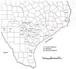 Thumbnail of Current and previous residences of persons with likely autochthonous infection with Trypanosoma cruzi, south central Texas, USA, including 11 autochthonous donors with current residence and birthplace. County boundaries are shown. Previous residences in Texas were chosen if the case-patient reported living in the location &gt;5 years.