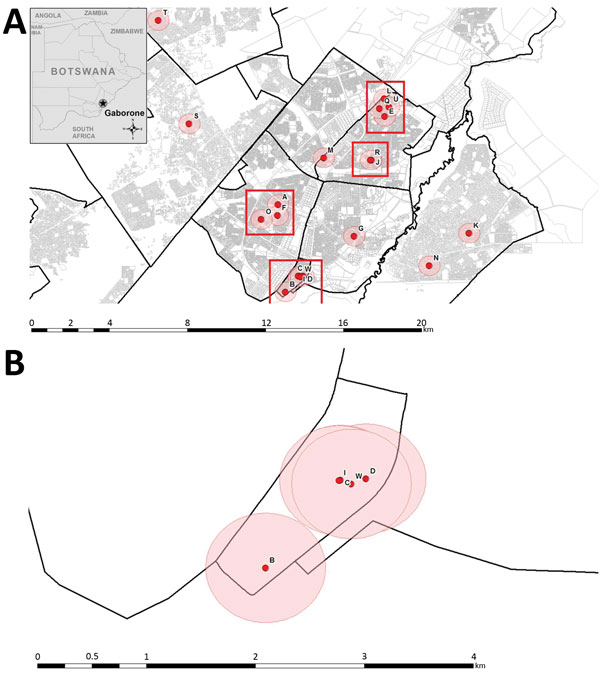 Residence-associated data for patients in a tuberculosis cluster, Gaborone, Botswana, 2012–2015. A) Primary residences of 20 patients are indicated by red dots. Inset map shows location of Gaborone in Botswana. Black lines demarcate neighborhoods; gray lines demarcate property parcels; pink circles represent 0.5-km radius around a patient’s residence; and red rectangles indicate presence of 14 patients in 4 distinct neighborhoods, 13 of whom had spatial links. Four patients who are not depicted 