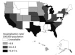 Thumbnail of Average annual invasive candidiasis−associated hospitalizations, United States, 2002−2012. Data were provided by State Inpatient Databases through the Healthcare Cost and Utilization Project maintained by the US Agency for Healthcare Research and Quality. Diagnoses were classified by using Agency for Healthcare Research and Quality clinical classification software (17) and multiple codes and ranges from the International Classification of Diseases, 9th Revision, Clinical Modificatio