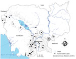Thumbnail of Geographic distribution of identified human cases in influenza A(H5N1)–affected villages, Cambodia, 2006–2014,  Institut Pasteur du Cambodge,  2005–2014 (circles indicate areas investigated in 2014). Village distribution reflects population density. “Commune affected by A(H5N1)” refers to Cambodian communes in which A(H5N1) virus infection was laboratory-confirmed among humans or poultry.