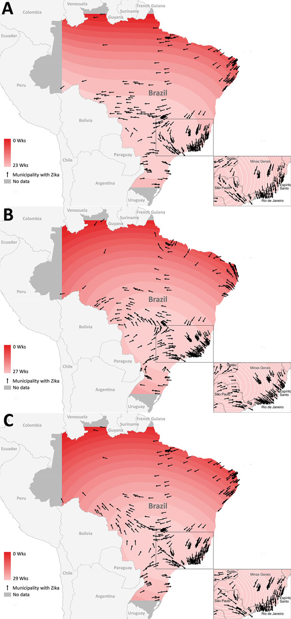 Contour surface trends and directional vectors for reconstructing Zika introduction in Brazil. A) Date of case registration (model 1); B) earliest date between date of symptom onset (if available) and date of registration (model 2); C) earliest date between date of case registration, date of symptom onset, and date of case reporting by other sources (model 3). Each contour line represents a 1-day period, and contour lines farther apart show that the disease spread rapidly through an area, wherea
