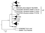 Thumbnail of Phylogenetic tree based on complete nucleocapsid gene sequences of Puumala virus (PUUV) strains from Lithuania (LT), Latvia (Jelgava1), and other PUUV clades. Tula virus (TULV) was used as the outgroup. The tree was generated by Bayesian and maximum-likelihood analysis using MrBayes 3.2.6 (http://mrbayes.sourceforge.net/download.php) and MEGA6 software (http://www.megasoftware.net/). The optimal substitution model was calculated by using jModelTest 2.1.4 (https://code.google.com/p/j