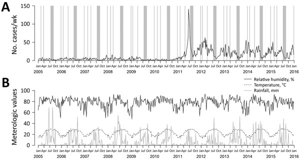 Trends of scarlet fever cases and meteorologic variables affecting reemergence of scarlet fever, Hong Kong, 2005–2015. A) Weekly number of notified scarlet fever cases. Grey bars indicate periods of school holidays. B) Weekly average of temperature, relative humidity, and rainfall.