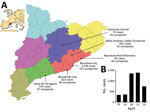 Thumbnail of Waterborne norovirus outbreak in Catalonia, Spain, April 15–25, 2016 (n = 4,136 cases). A) Geographic distribution of the number of cases and affected companies in the Catalonian Health regions. Inset shows location of region in Spain. Map outlines obtained from https://commons.wikimedia.org/wiki/File:Catalonia_location_map.svg. B) Time distribution of reported cases. Cases are displayed according to the dates of the press release from the Public Health Agency of Catalonia (http://p