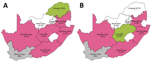 Overall prevalence of HIV (A) and hepatitis B virus (B) in South Africa, by province, among persons making blood donations through the South African National Blood Service, January 2012–September 2015. Pink indicates a significantly higher odds ratio and green indicates a lower odds ratio compared with Gauteng Province (Johannesburg region) and adjusting for other factors. Unadjusted prevalences are shown in parentheses. NA, not applicable.