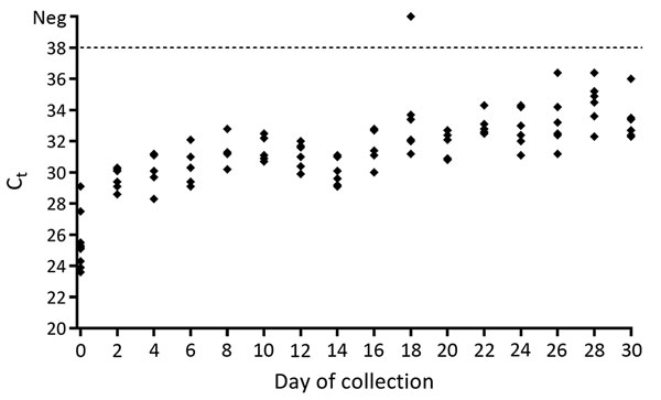 Real-time reverse transcription PCR cycle threshold (Ct) values for mosquitoes infected with Zika virus and stored at room temperature (21°C) for 2–30 days and for control samples (day 0) stored at −80°C until testing. Samples with a Ct &lt;38 (dashed line) were considered positive. Each diamond indicates a mosquito pool. Neg, negative.