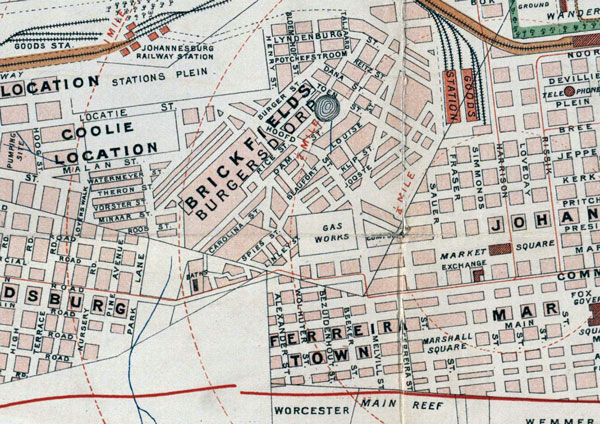 Central area of Johannesburg, South Africa, in 1904, showing the relative positions of the Coolie Location, Burgersdorp, and Market Square.  Map held at the Witwatersrand Library, University of the Witwatersrand, Johannesburg, South Africa, and available at http://innopac.wits.ac.za/search/?searchtype=t&amp;SORT=D&amp;searcharg=plan+of+johannesburg+and+suburbs