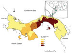 Thumbnail of Distribution of confirmed Punta Toro species complex infections, Panama, 2009. Dots indicate cases. Inset shows enlargement of Panama City area. 