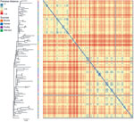 Thumbnail of Maximum-likelihood tree of 109 Salmonella enterica serovar Typhimurium DT160 isolates collected during an outbreak in New Zealand, 1998–2012. The tree was based on 793 core single-nucleotide polymorphisms. Colored squares to the right of the branches indicate the source of isolates. The scale bar represents number of nucleotide substitutions per site. The heat map represents the Euclidean pairwise distance between isolates (based on the presence of 684 protein differences). Isolates