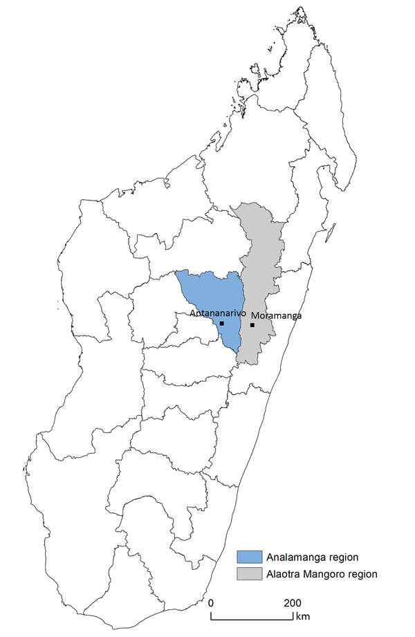 Locations of Antananarivo and Moramanga in Madagascar. 