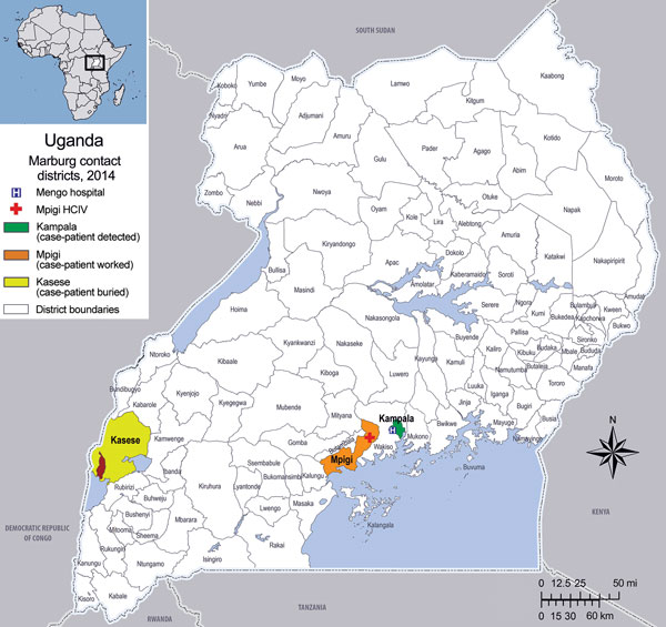 Locations where patient with confirmed Marburg virus disease lived, worked, and was buried, Kampala, Uganda, 2014. Inset map shows location of Uganda in Africa.