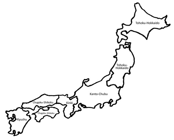 Districts of origin for patients with Mycoplasma pneumoniae infection, Japan, 2008–2015: 1, Kyushu; 2, Chugoku-Shikoku; 3, Kinki; 4, Kanto-Chubu; 5, Tohoku-Hokkaido.