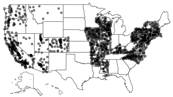 Locations of Healthcare Cost and Utilization Project (HCUP) hospitals used in the analysis of risk for Legionnaires’ disease, 26 US states, 1998–2011. Because many hospitals are near each other, each hospital was plotted as a faint point. When multiple points overlap, the area becomes darker because of the stacking of the points. Thus, there are faint spots in more rural areas and dark clusters in more urban areas.