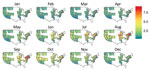 Thumbnail of Predicted probability of an inpatient hospitalization for bacterial pneumonia being coded as Legionnaires’ disease by location and month in 2011 for 26 US states. The predicted risk is for a 61–70-year-old white man on Medicare (the most common Legionnaires’ disease patient in the data) by location in the United States for each month in 2011. These fixed covariates and actual monthly temperature, relative humidity, and latitude for each weather station in the Integrated Surface Data