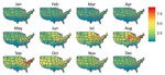 Thumbnail of Predicted probability of an inpatient hospitalization for bacterial pneumonia being coded as Legionnaires’ disease, all US states, 2011. The predicted risk is for a 61–70-year-old white man on Medicare (the most common patient in the pooled case–control sample) by location for each month in 2011. These fixed covariates and actual monthly temperature, relative humidity, and latitude for each weather station in the Integrated Surface Database dataset were used to produce estimated pro