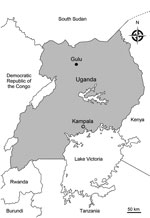 Thumbnail of Site of <!-- INSERT SHAPE -->study of ex vivo ring-stage Plasmodium falciparum survival rates<!-- INSERT SHAPE --><!-- INSERT SHAPE -->, Gulu (black circle), northern Uganda, 2014–2016.