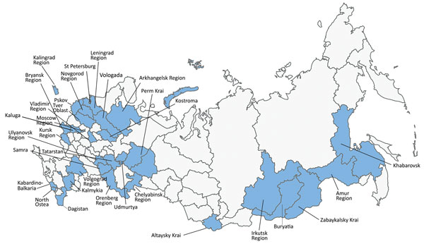 Distribution of Mycobacterium tuberculosis isolates randomly collected from 71 patients with tuberculous spondylitis who received treatment at clinics of Research Institute of Phthisiopulmonology in 32 regions of the Russian Federation, 2007–2014