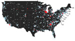 Thumbnail of Distribution of clinical samples testing positive (red dots) and negative (blue dots) for canine influenza A(H3N2) virus RNA, United States, March–December 2015.