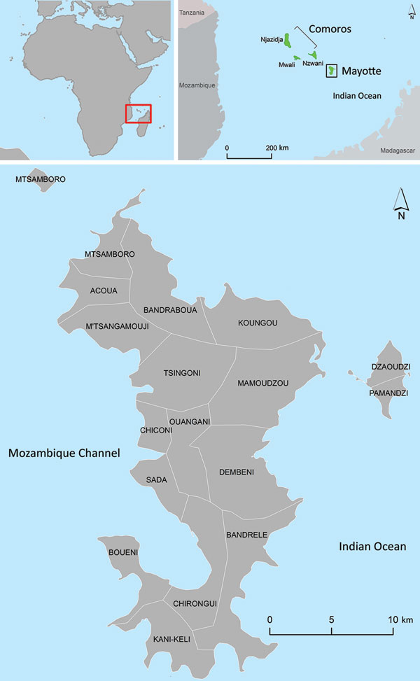Location of Mayotte in the southwestern Indian Ocean. Maps created by using IGN-GEOFLA (http://professionnels.ign.fr/geofla) and Esri Data and Maps 10 (http://www.esri.com/).