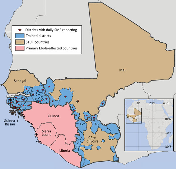 Districts and regions in 4 countries in West Africa participating in program training and daily SMS zero-reporting, 2015. The city of Bamako in Mali is administratively divided into 6 discrete communes, each equivalent to 1 health district. These are too small to individually illustrate on the map, so only Bamako, comprising all 6 communes, is shown. STEP, Surveillance Training for Ebola Preparedness; SMS, short message service. Map created by Andrew Berens. Sources: Global Administrative Areas 