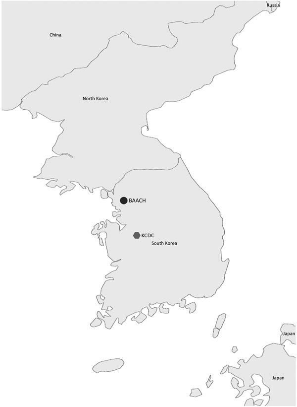 Locations of Laboratory Response Networks in South Korea. BAACH, Brian Allgood Army Community Hospital, US Army Yongsan Garrison, Seoul; KCDC, Korea Center for Disease Control, Osong.