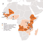 Thumbnail of US President’s Malaria Initiative (PMI)–supported therapeutic efficacy study (TES) sites, where samples were collected to test for molecular markers of antimalarial drug resistance, 2015–2017.