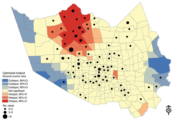 Optimized hotspot analysis results showing residential locations of persons who had West Nile virus and their association with positive mosquito hotspots, Houston/Harris County, Texas, 2002–2014. Red “hot” areas represent statistically significant high-risk virus-positive mosquito activity, compared with blue “cold” areas with low risk for positive mosquitoes.