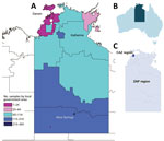 Thumbnail of Collection areas for Neisseria gonorrhoeae samples within the Northern Territory of Australia, 2014. A) Heat map Territory showing the local government areas from which the 1,629 nucleic acid amplification test–positive clinical samples were collected. B) Location of the Northern Territory within Australia. C) Location of the CAZ and ZAP regions within the Northern Territory. CAZ, ceftriaxone via intramuscular injection and oral azithromycin; ZAP, azithromycin, amoxicillin, probenec