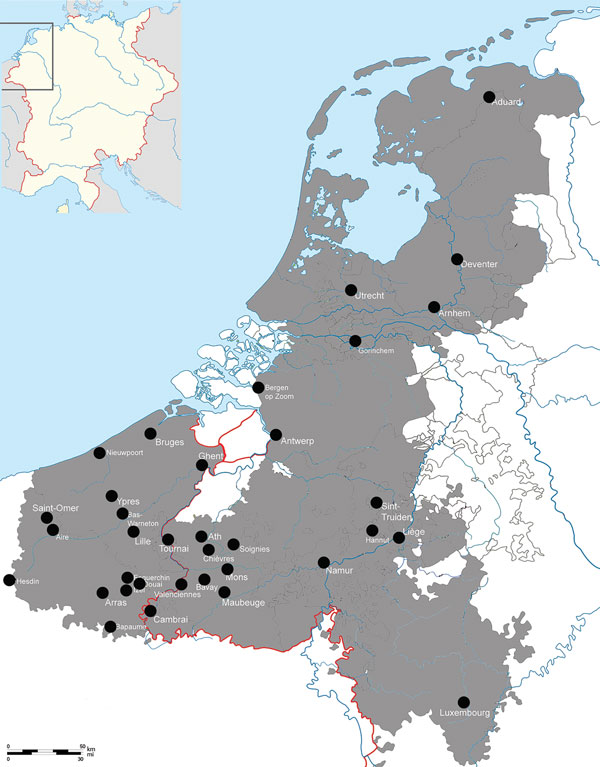Plague mentions during the Black Death outbreak, Low Countries, 1348–1352 (18). Inset shows location of the Low Countries in western Europe.