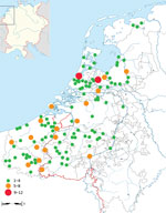 Thumbnail of Plague mentions taken from archival sources, Low Countries, 1348–1500 (18). Inset shows location of the Low Countries in western Europe.