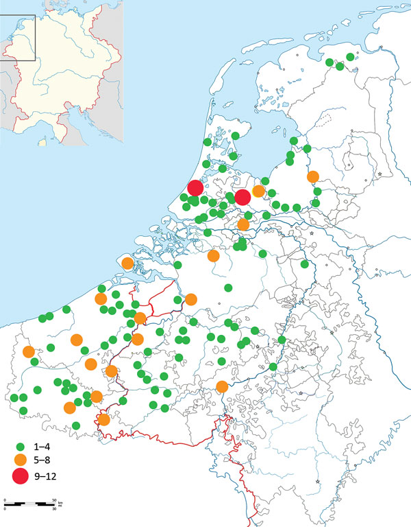 Plague mentions taken from archival sources, Low Countries, 1348–1500 (18). Inset shows location of the Low Countries in western Europe.