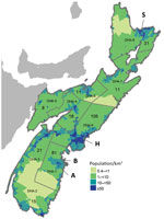 Thumbnail of Population density and boundaries of DHAs in Nova Scotia, Canada at the time of sample collection from white-tailed deer in 2009 and humans in 2012 for study of Jamestown Canyon virus seroprevalence. H, capital city of Halifax; S, Sydney; A, community A; B, community B. Numbers on map indicate number of human serum samples screened in each DHA. Population density map modified from its original format (15). DHA, District Health Authority.