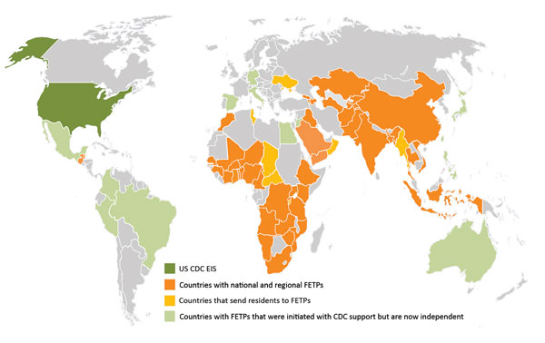 FETPs-Advanced presently or previously associated with CDC, as of December 2016. India supports 2 FETPs-Advanced; both were initiated with CDC support, and 1 is now independent. Central America has had an FETP-Advanced that was paused in 2015 and restarted in August 2017 with Guatemala and Belize. CDC, US Centers for Disease Control and Prevention; EIS, Epidemic Intelligence Service; FETP, Field Epidemiology Training Program.