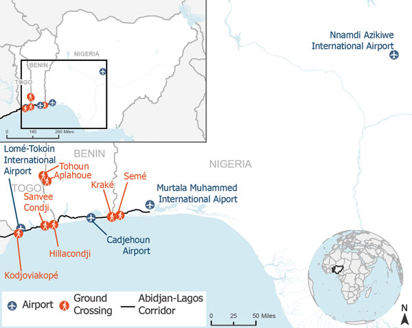 Points of entry within Nigeria, Benin, and Togo targeted for comprehensive border health capacity building through development of public health emergency response plans. Insets show location of enlarged area in West Africa and Africa.